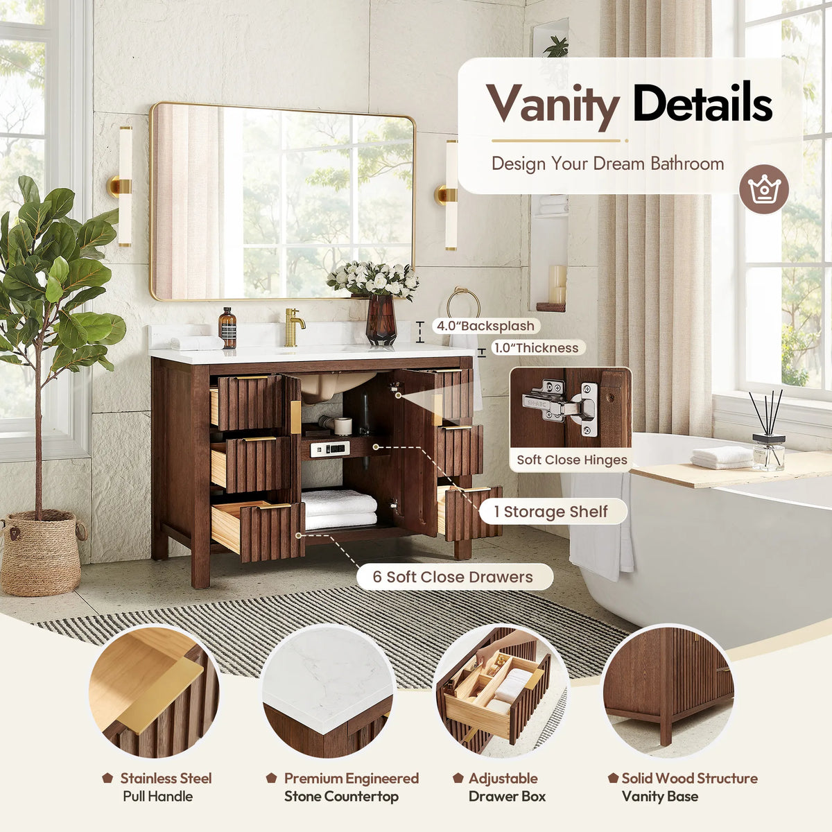 Parts diagram for the 48-inch Aged Dark Brown Oak cabinet covering the adjustable drawer box and soft-close drawers