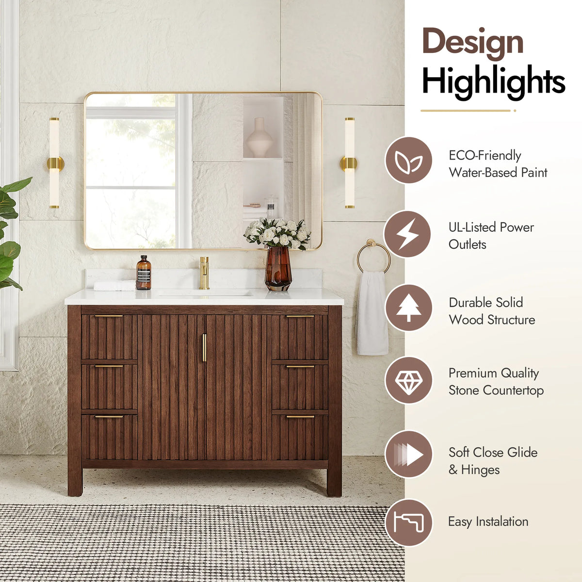 Styled bathroom with a list of design highlights next to the 48-inch Aged Dark Brown Oak cabinet