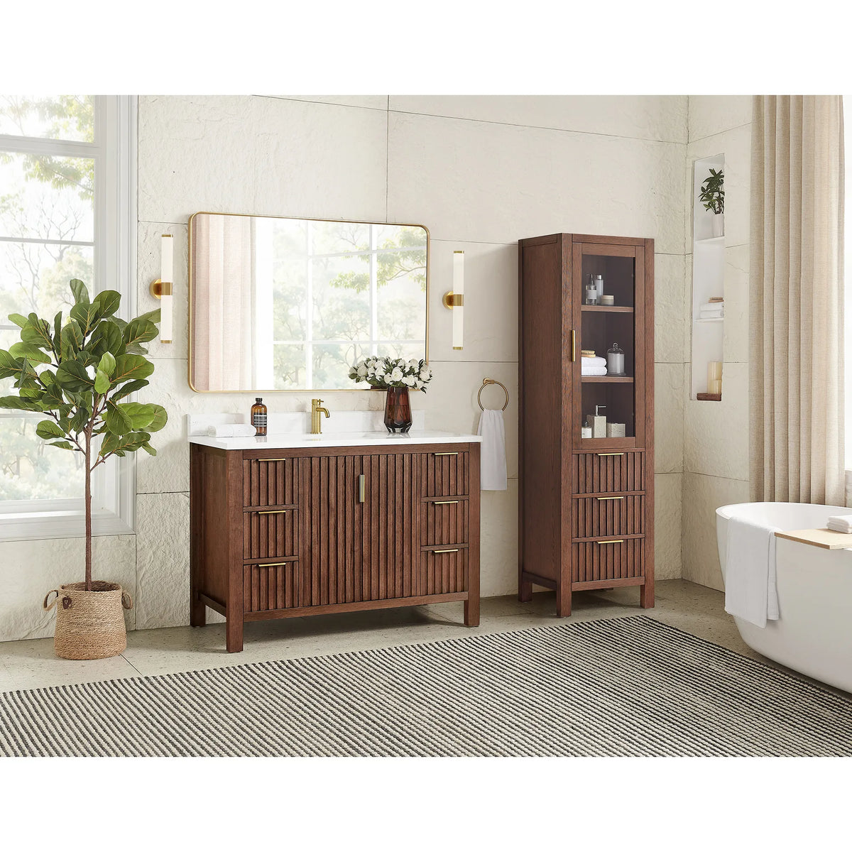 Sunlit bathroom, 48-inch vanity in Aged Dark Brown Oak, the extra tall cabinet shown is not part of the product
