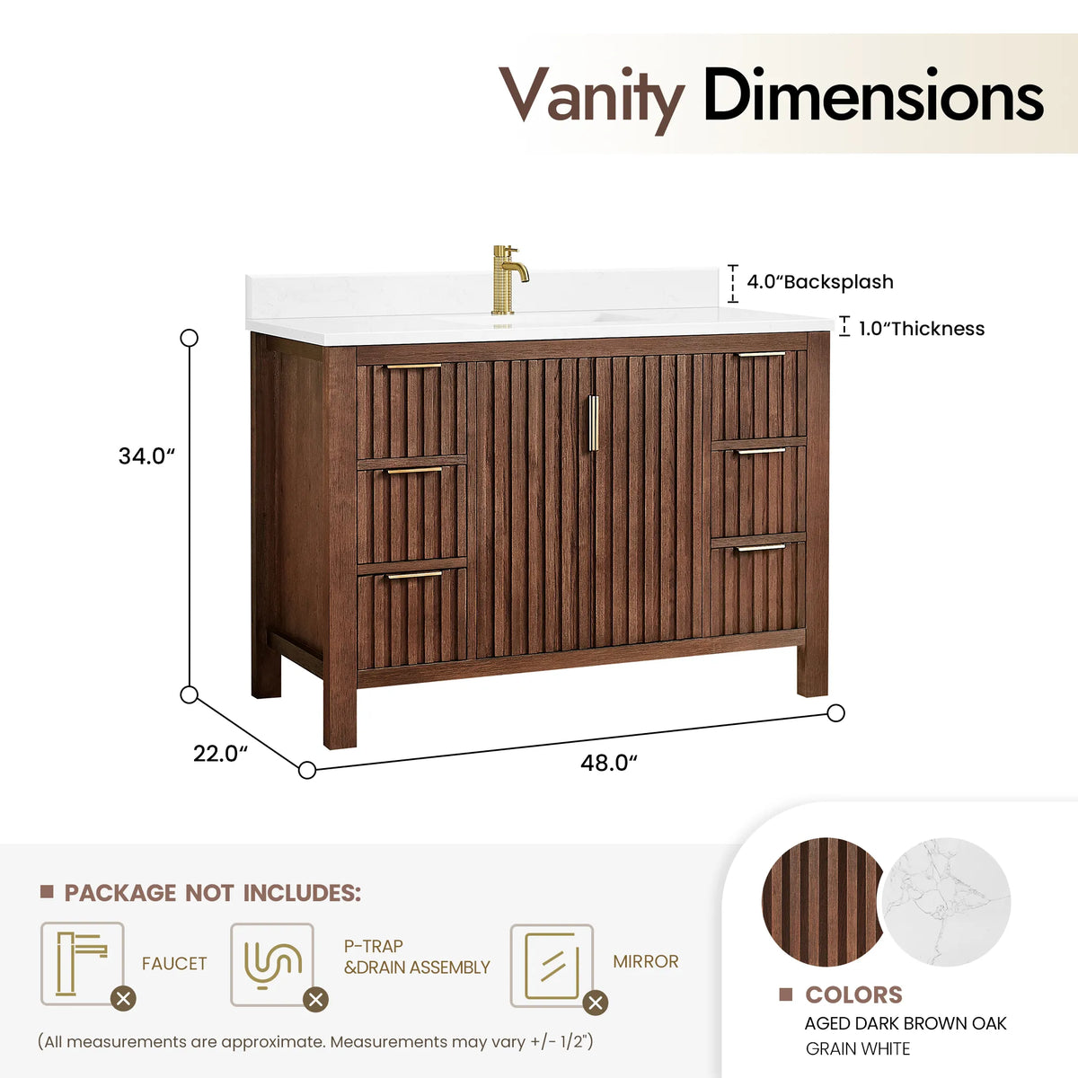 Spec drawing for the 48-inch Aged Dark Brown Oak vanity: 48 W x 22 D x 34 H inches, 4 inch backsplash