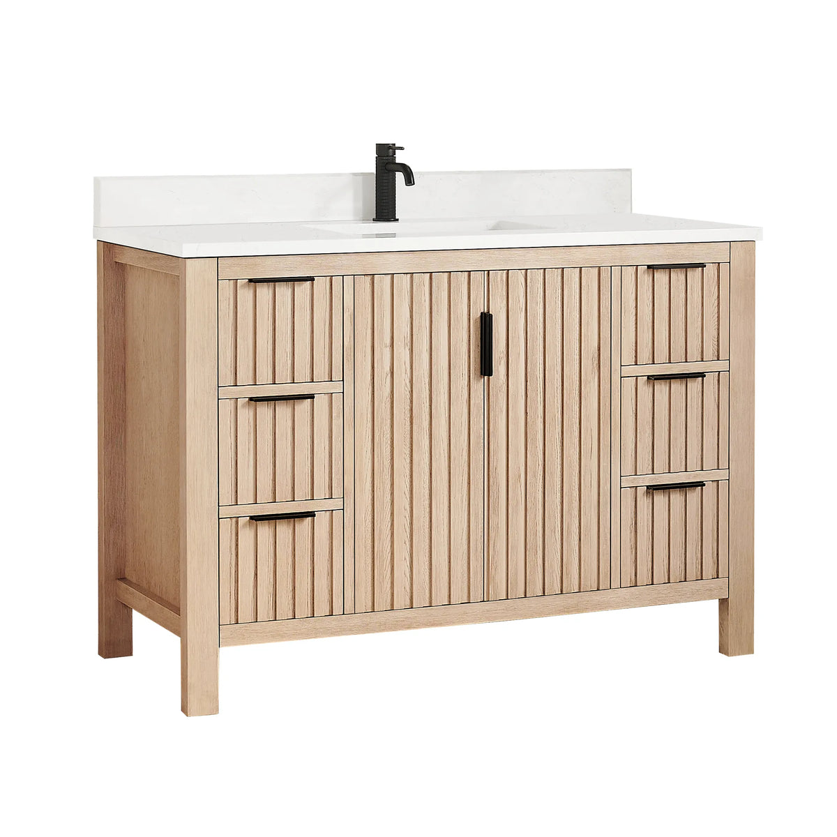 Faucet pictured is not included: 48-inch Aged Natural Oak vanity, central doors and drawers on each side