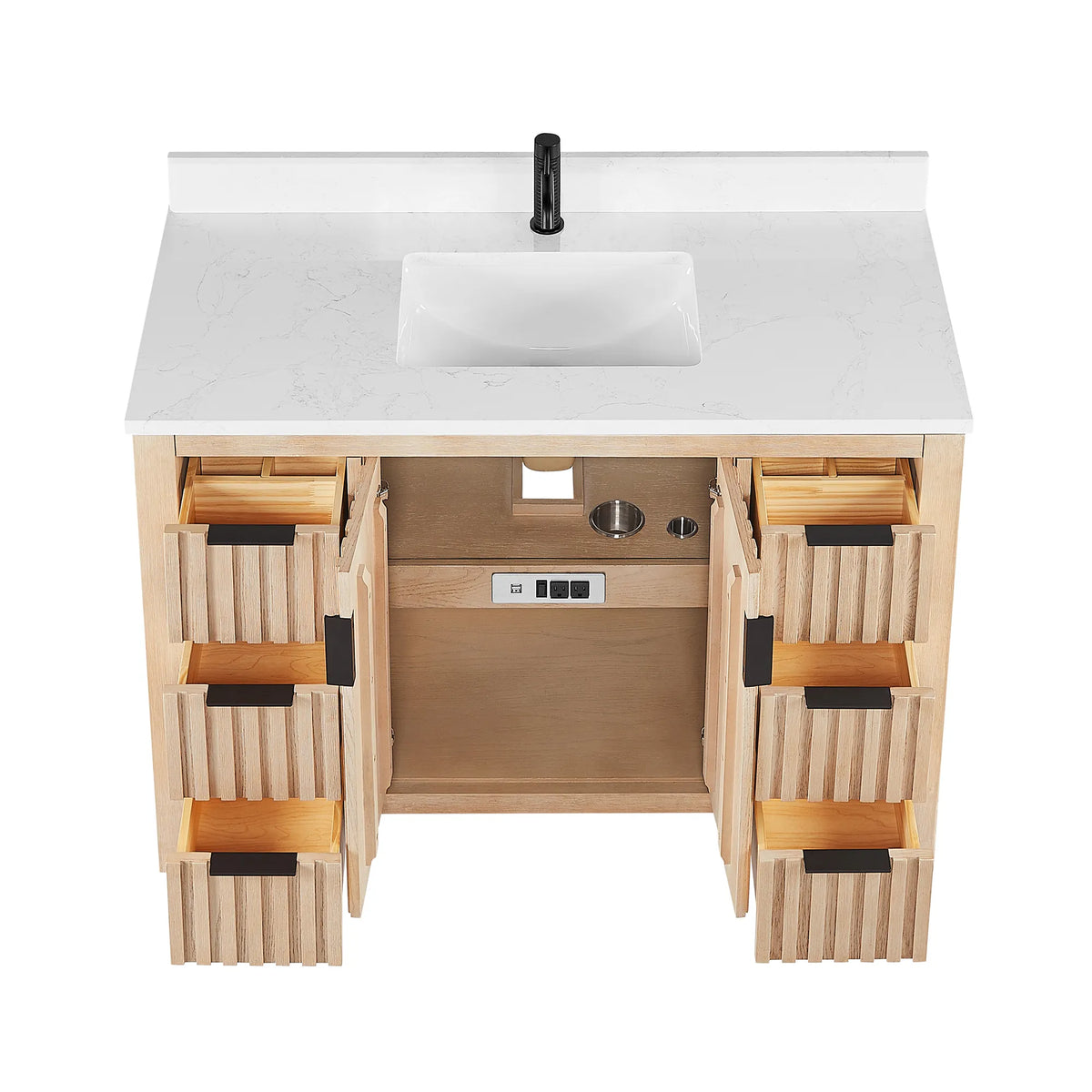 48-inch Aged Natural Oak cabinet seen from above on white with doors and drawers open