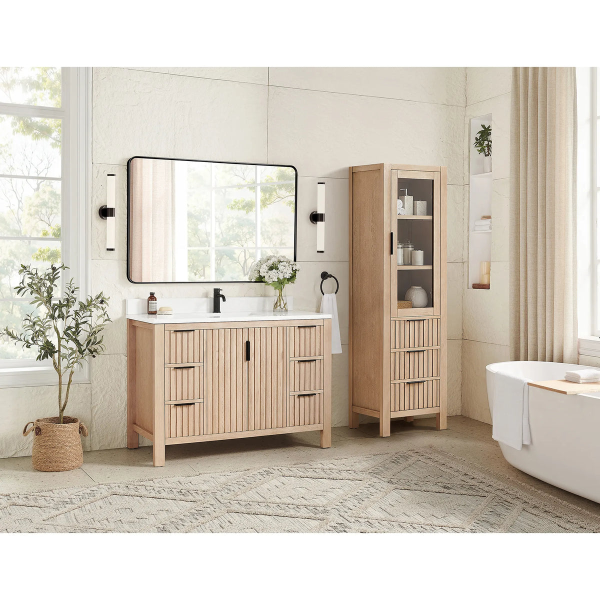 Second wide angle: 48-inch Aged Natural Oak vanity with a tall cabinet that is not included