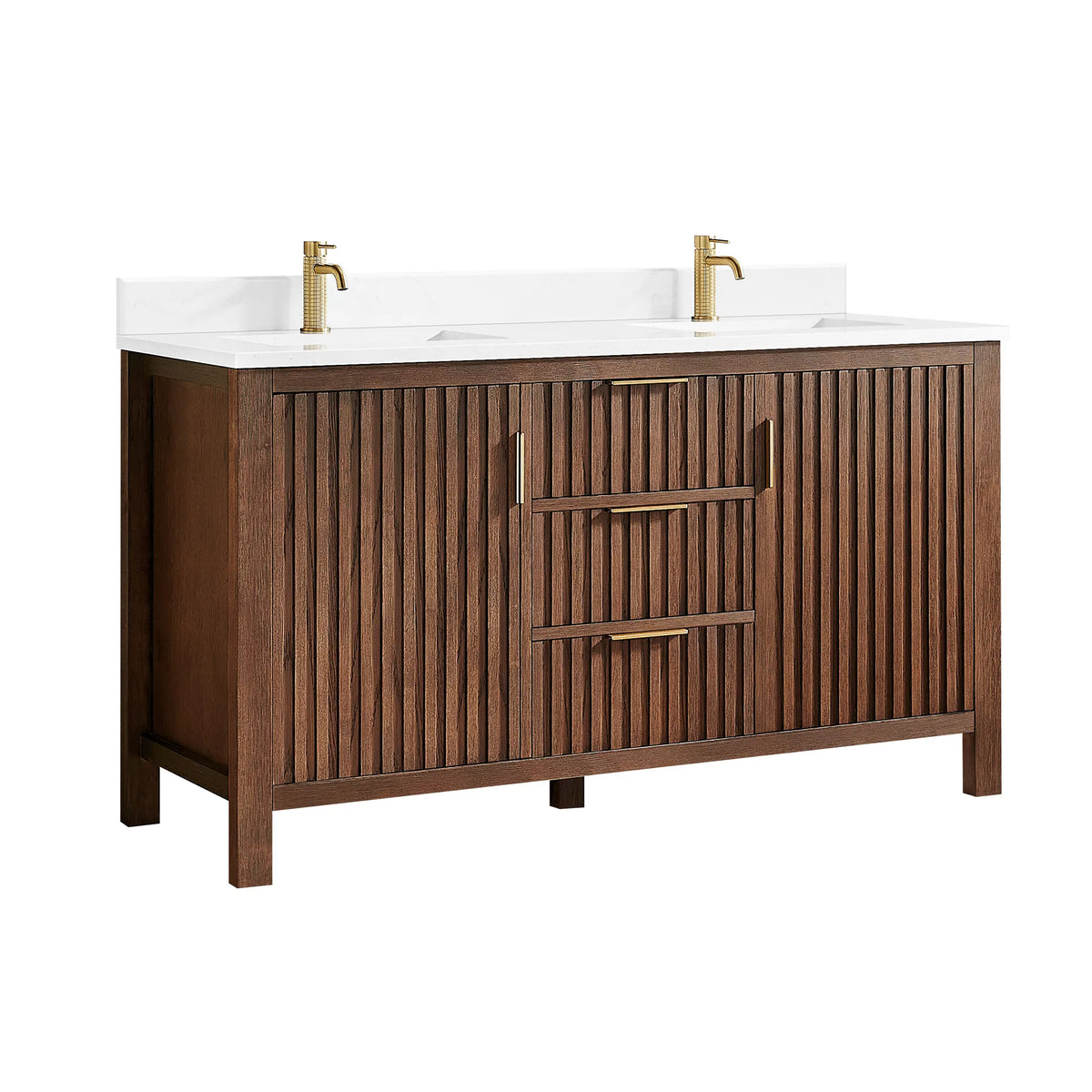 60-inch cabinet in Aged Dark Brown Oak on white, a drawer stack between two doors (faucet not included)