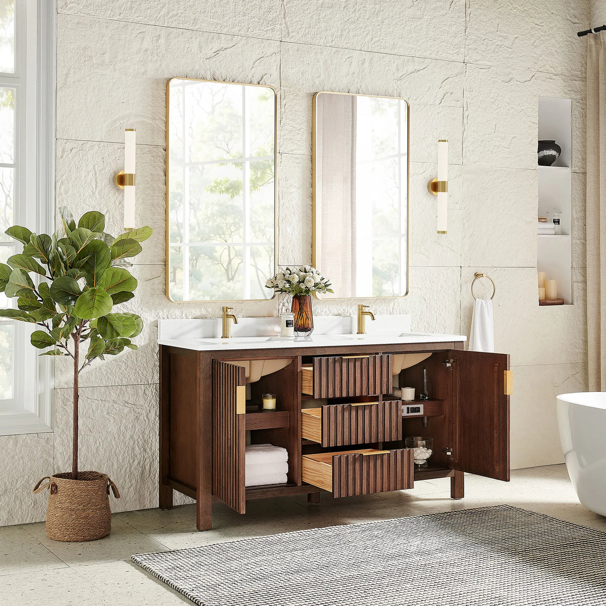 Inside storage in a staged room: doors and drawers open on the 60-inch Aged Dark Brown Oak cabinet