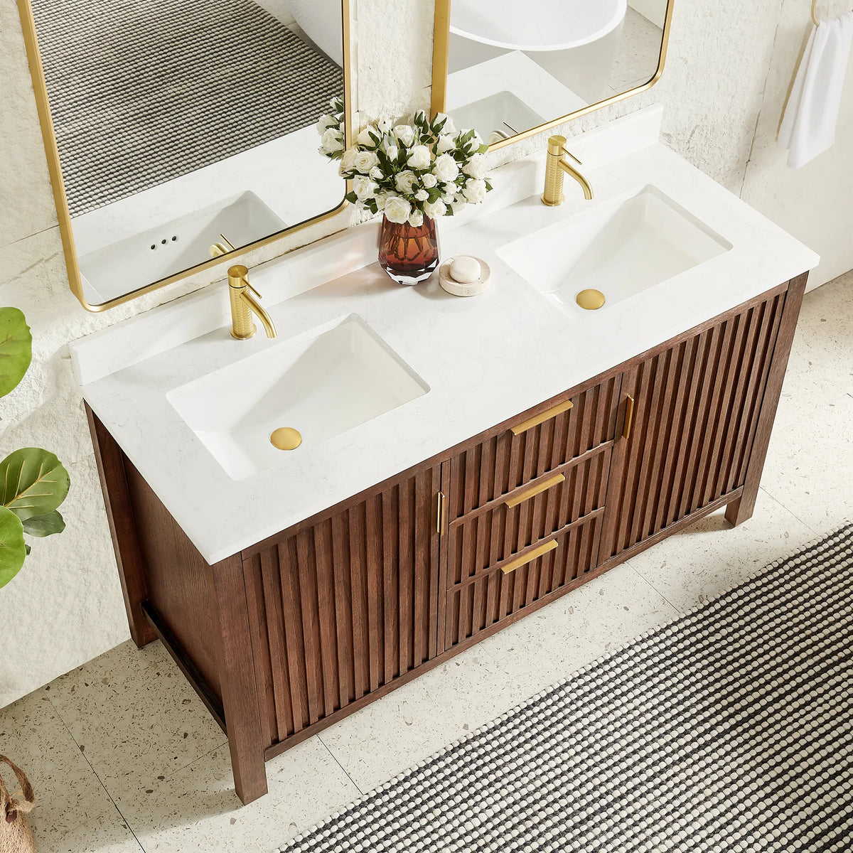 Top-down angle: a double sink top in white composite stone on the 60-inch Aged Dark Brown Oak cabinet
