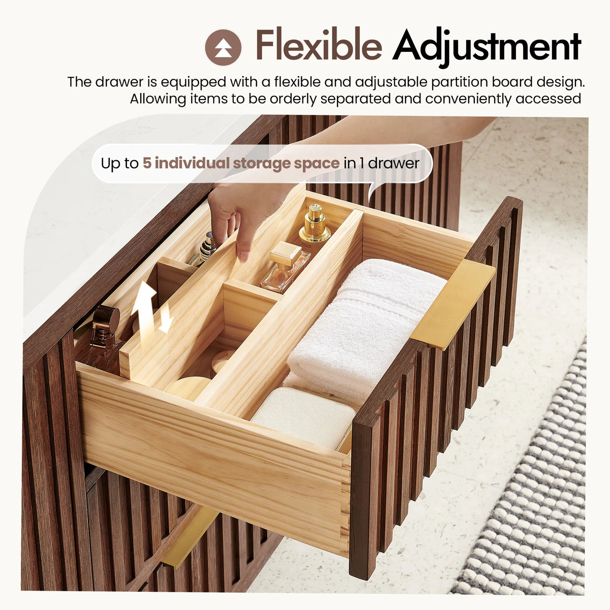 Hand arranging items in a drawer fitted with a movable partition, 60-inch Aged Dark Brown Oak double cabinet