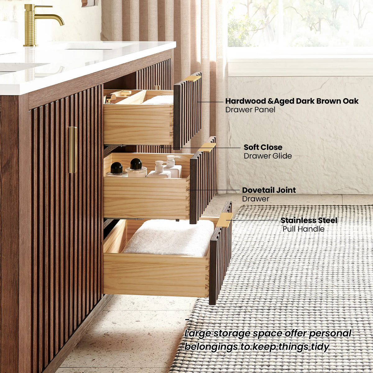 Drawer stack of a 60-inch double Aged Dark Brown Oak cabinet with labels for glide and dovetail joinery