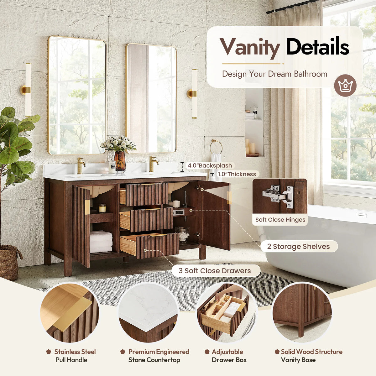 Measured callouts on a 60-inch Aged Dark Brown Oak cabinet: backsplash 4.0 in, top 1.0 in, plus soft-close drawers