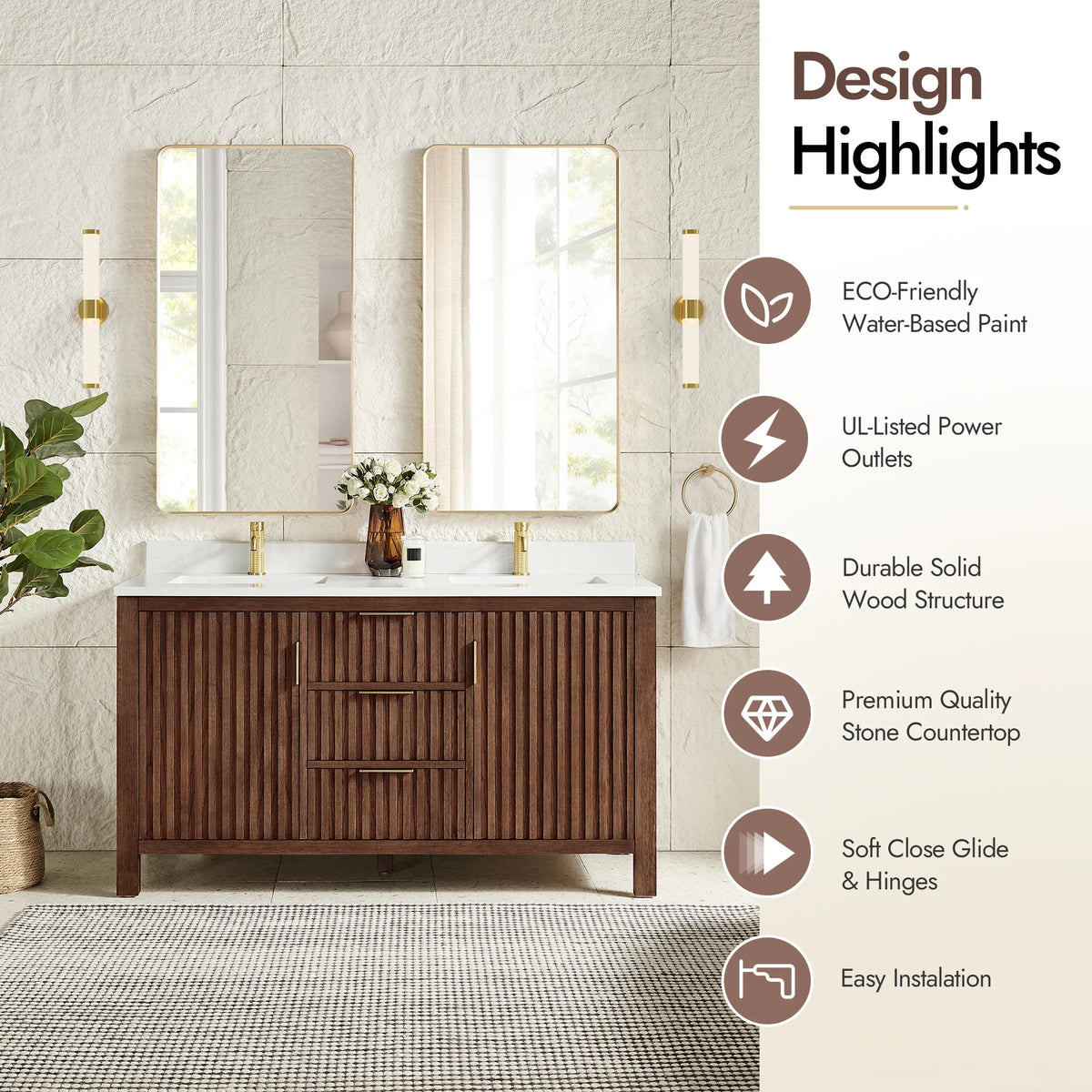 Highlights panel for the 60-inch Aged Dark Brown Oak double vanity: eco-friendly paint and a solid wood build