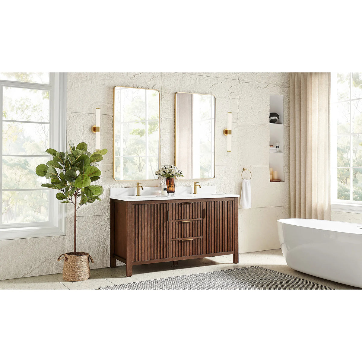Wide room shot with a tub and window light behind the 60-inch Aged Dark Brown Oak double vanity