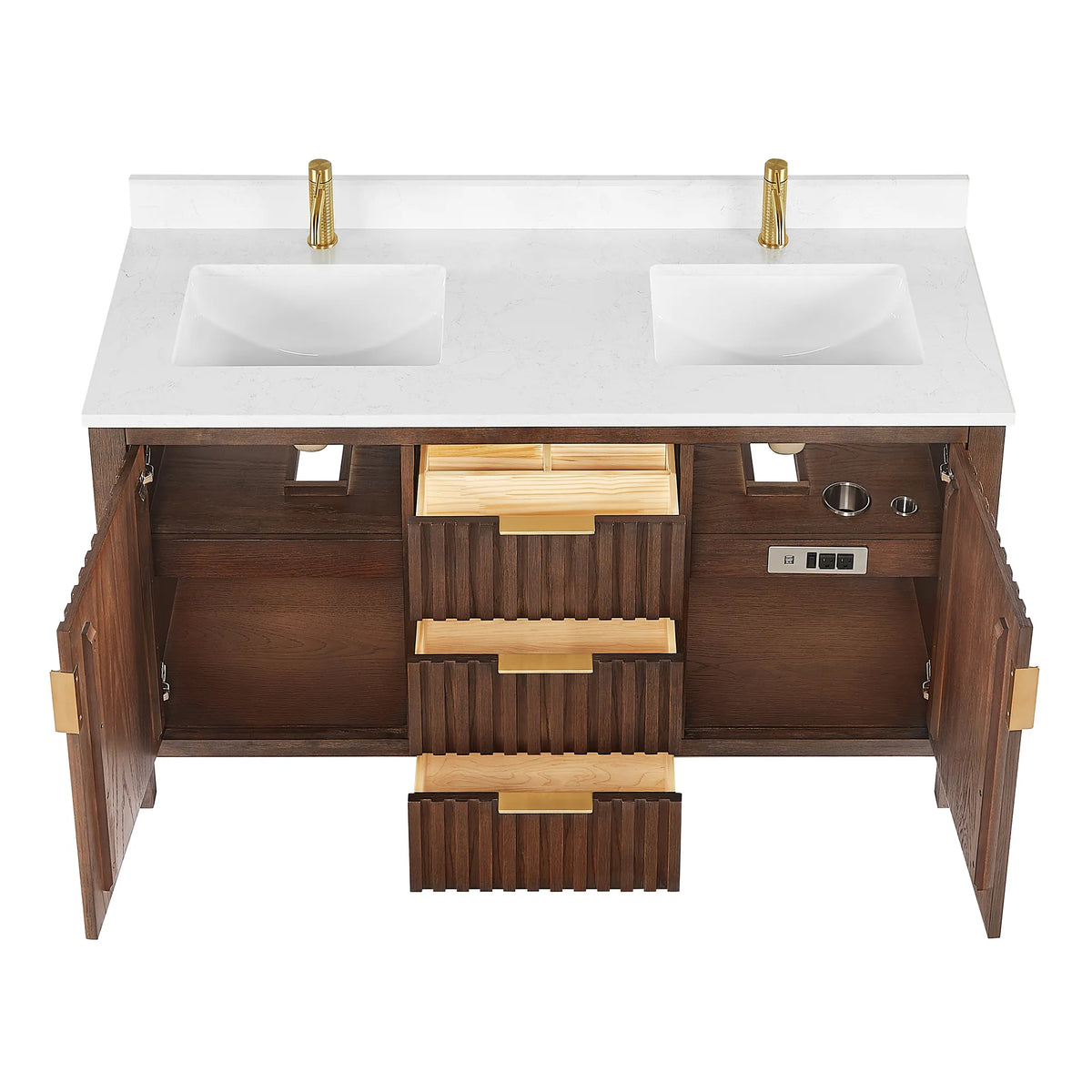 Doors and drawers open, 60-inch Aged Dark Brown Oak cabinet, high-angle product shot on white