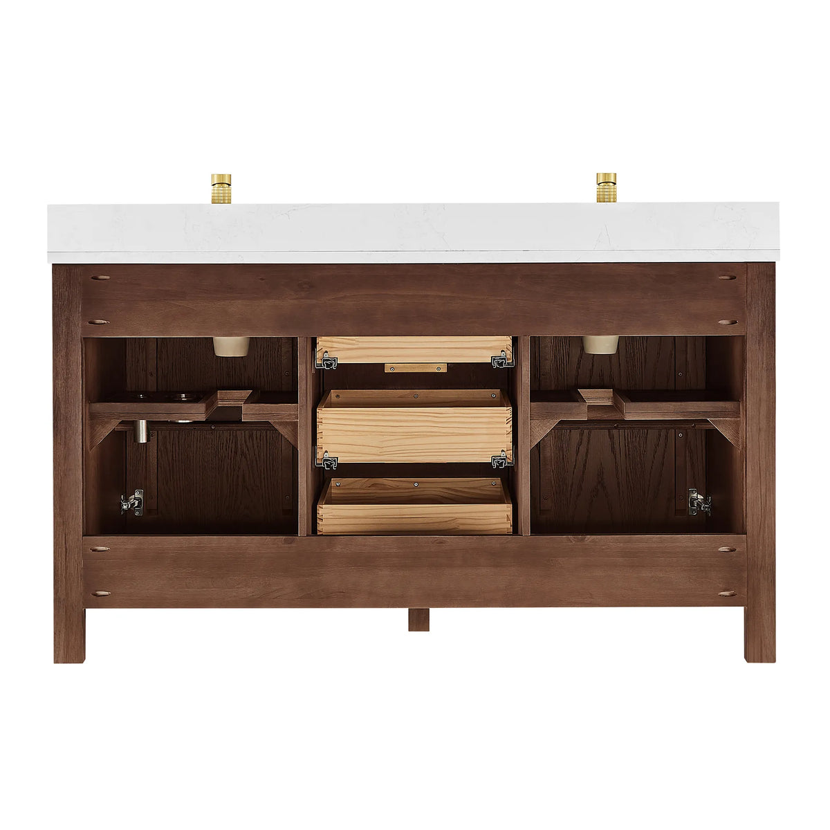 Interior of a 60-inch double cabinet in Aged Dark Brown Oak against white, drawer boxes and open compartments
