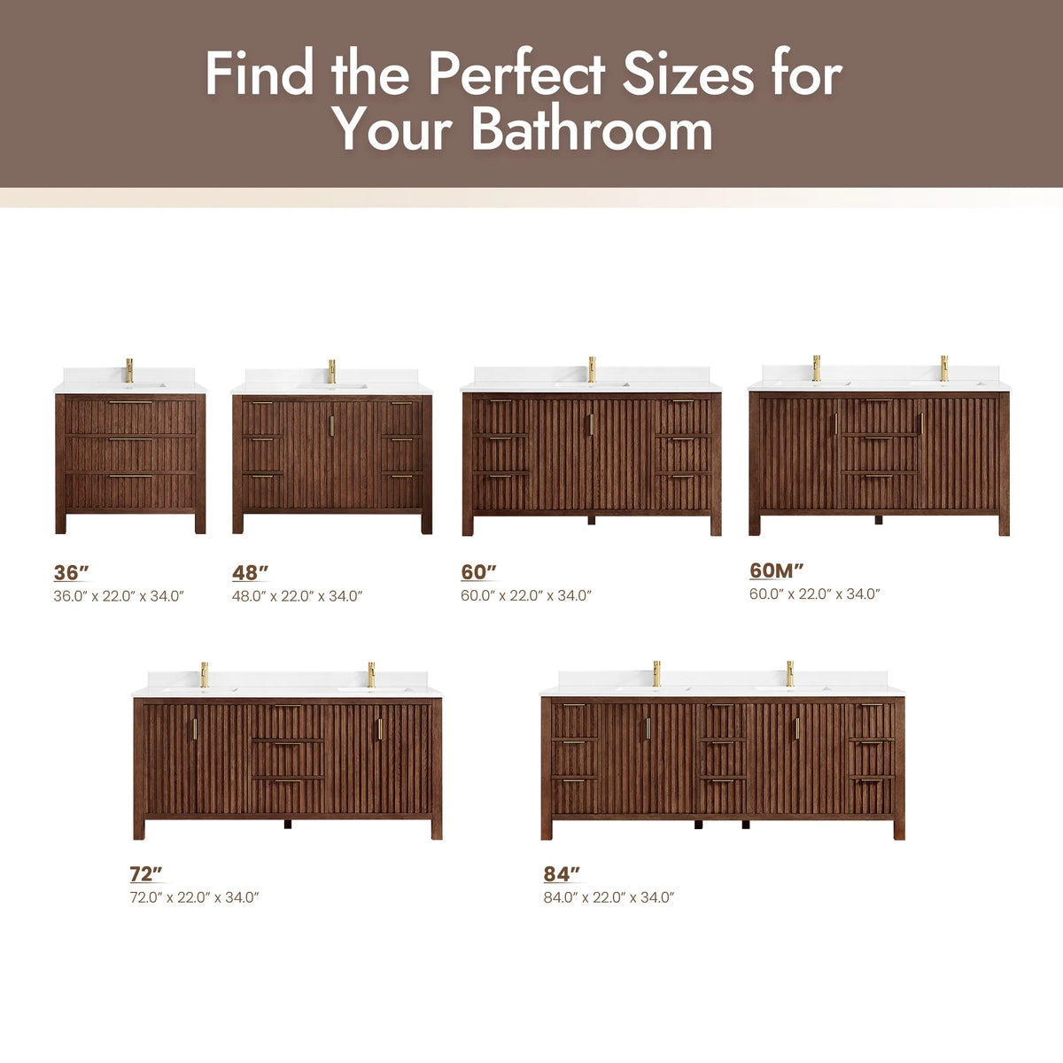 Size guide with the line's vanities in two rows, each labeled with its width, including this 60-inch size