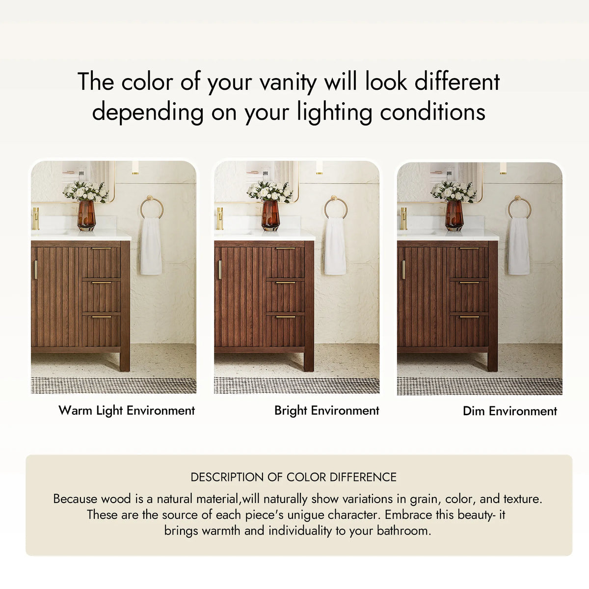 Lighting comparison: a sample Aged Dark Brown Oak cabinet in three room settings, with a note on wood variation