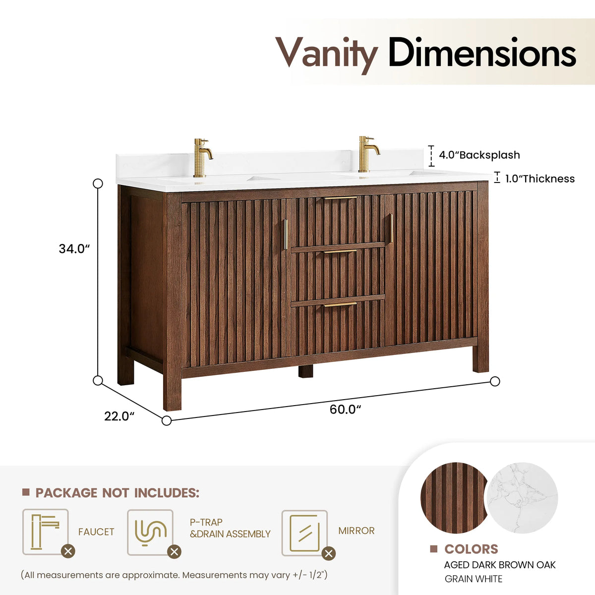Spec drawing for the 60-inch Aged Dark Brown Oak double vanity: 60 W x 22 D x 34 H inches, 4 inch backsplash