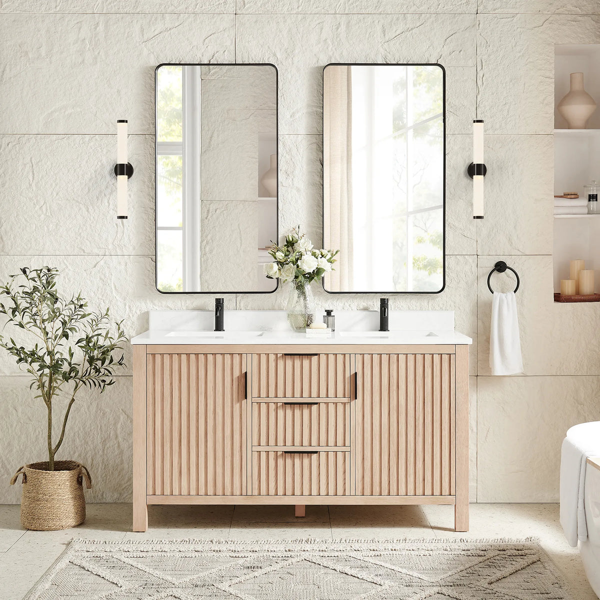 Staged room pairing two rectangular mirrors in black frames with the 60-inch vanity in Aged Natural Oak