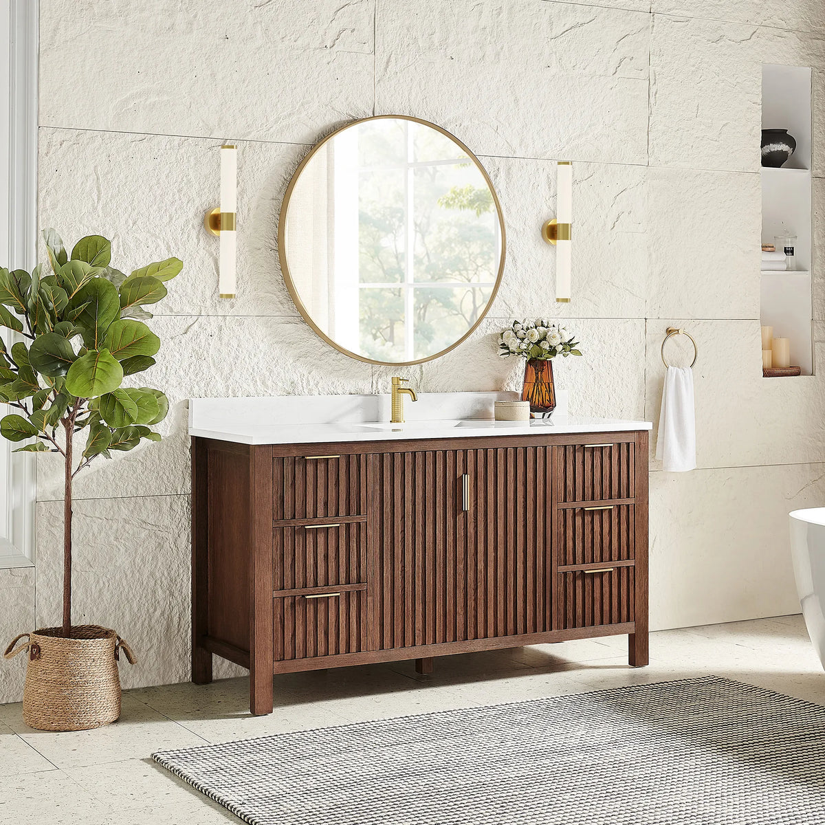 Second angle: the 60-inch Aged Dark Brown Oak vanity with a matching circular gold mirror, sconces and a plant