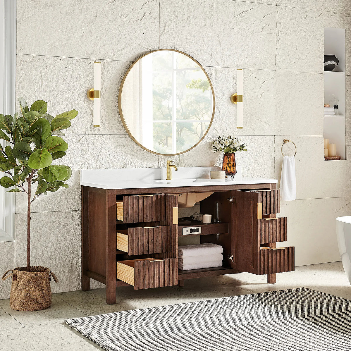 Storage on view in a staged room: 60-inch Aged Dark Brown Oak cabinet with doors and drawers open