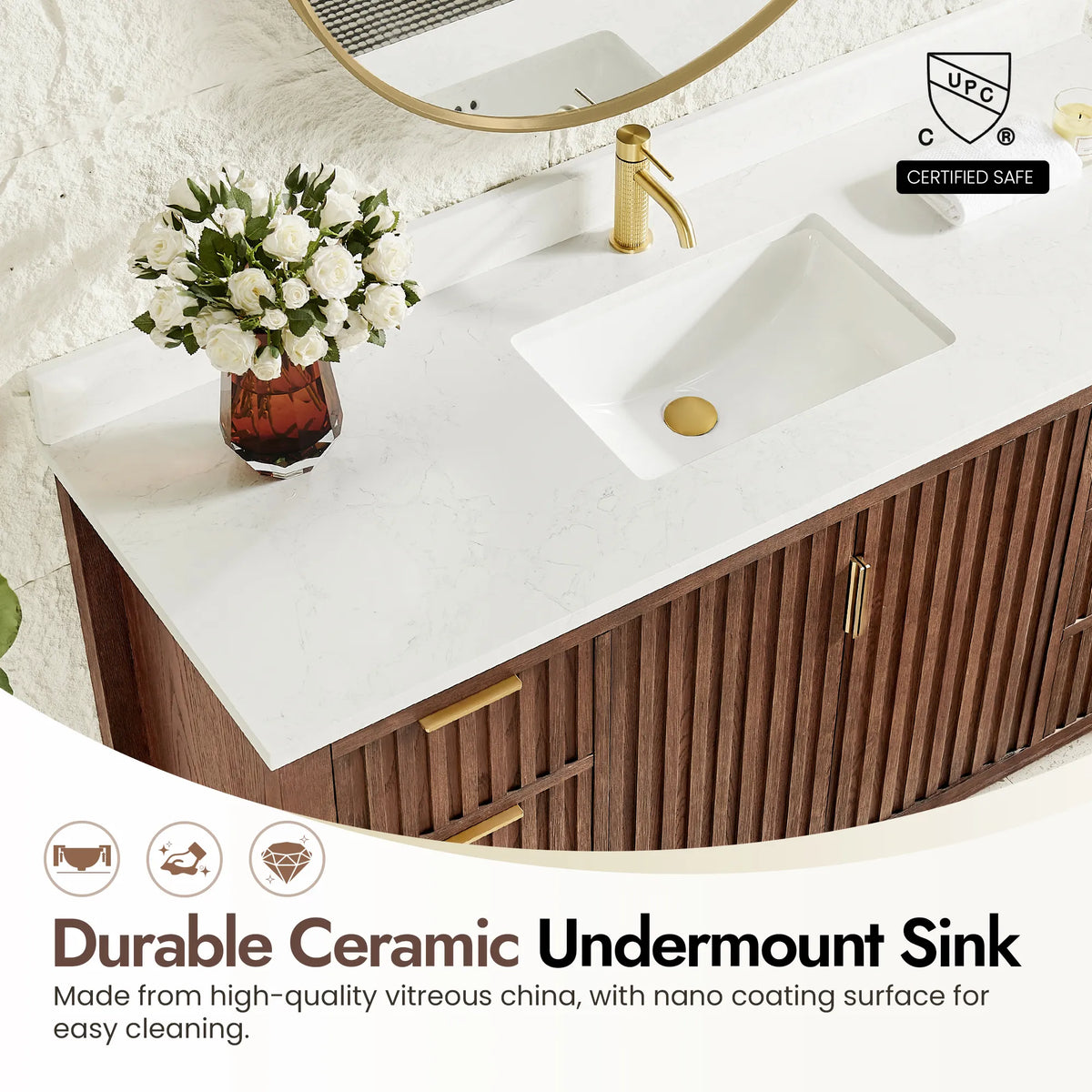 Ceramic basin with an easy-clean nano coating on the 60-inch Aged Dark Brown Oak single cabinet