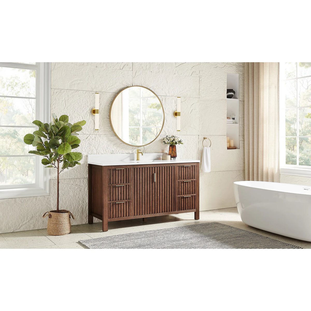 Bathroom with a soaking tub and large windows around the 60-inch Aged Dark Brown Oak vanity with a legged base