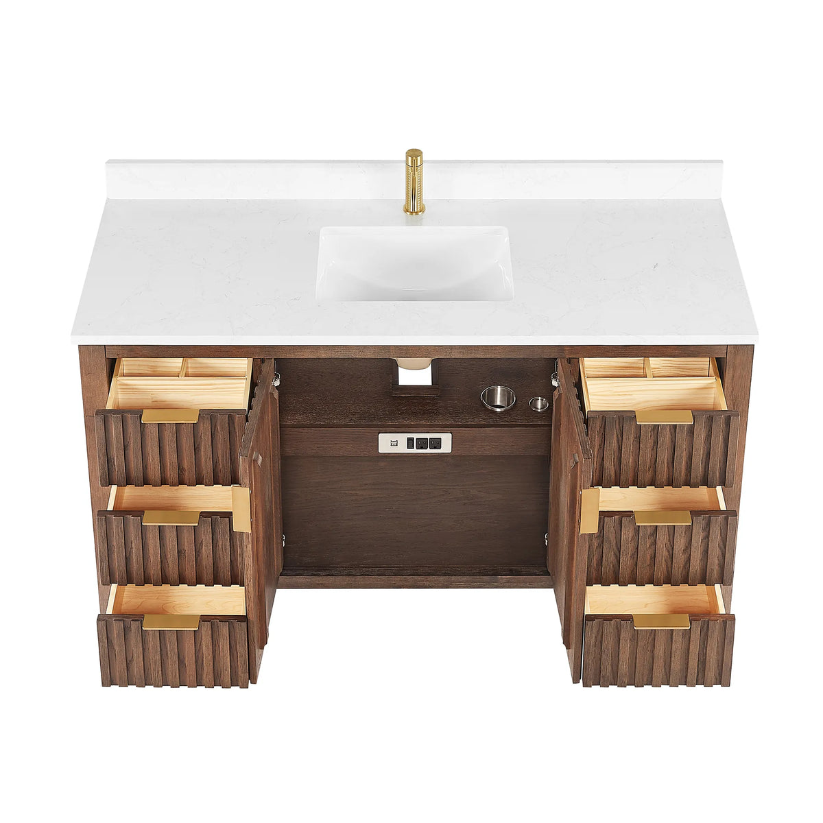 60-inch Aged Dark Brown Oak cabinet seen from above on white with doors and drawers open