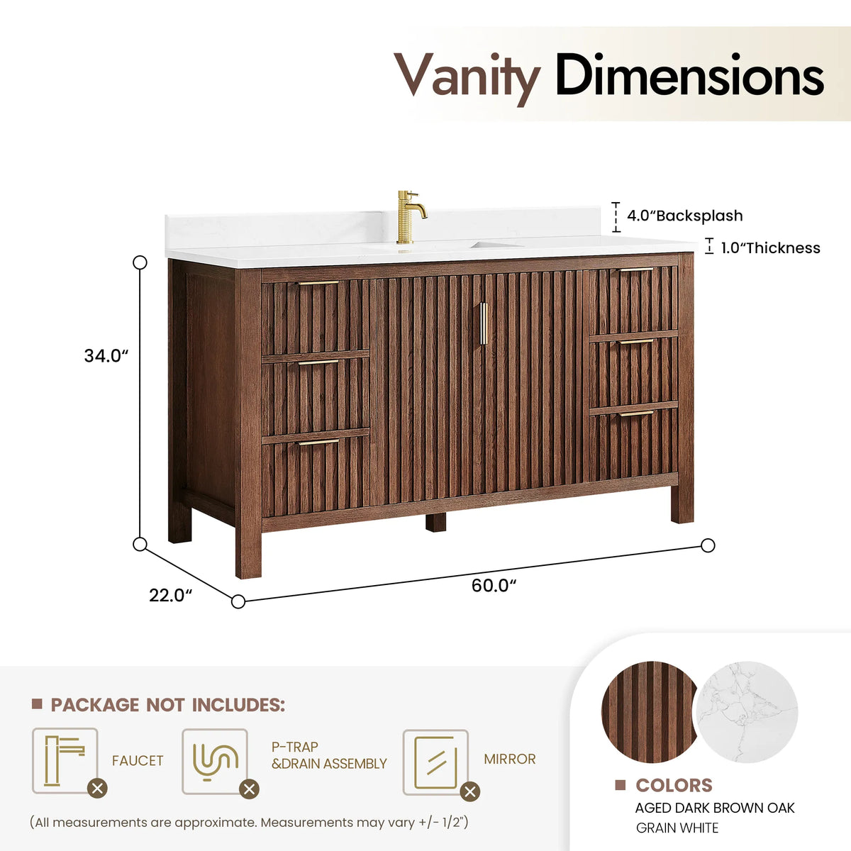 Size diagram for the 60-inch Aged Dark Brown Oak cabinet: 60 by 22 by 34 inches (plumbing parts and mirror not included)