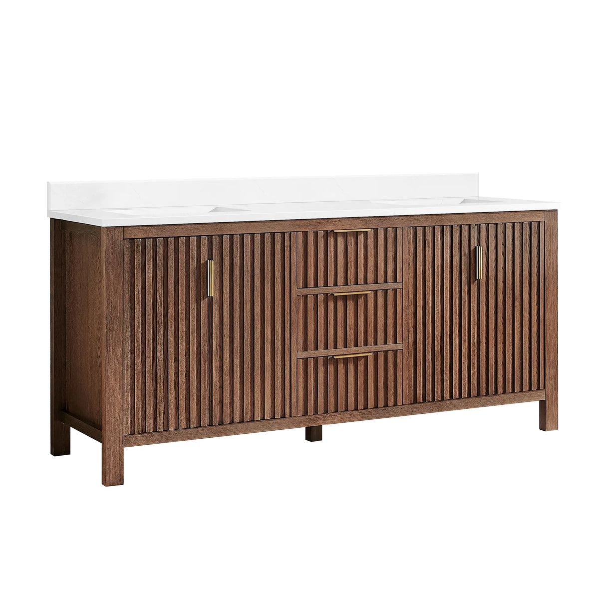 Studio view of an Aged Dark Brown Oak double bathroom vanity, 72-inch wide, with a white composite stone countertop