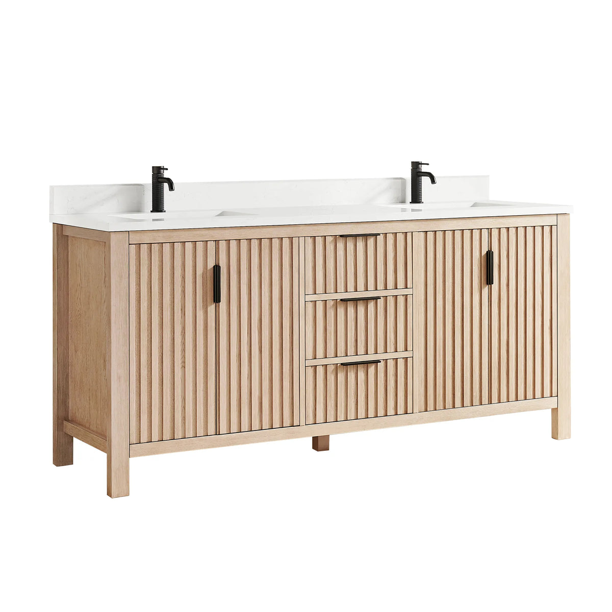Faucet pictured is not included: 72-inch Aged Natural Oak vanity, a drawer stack between two doors