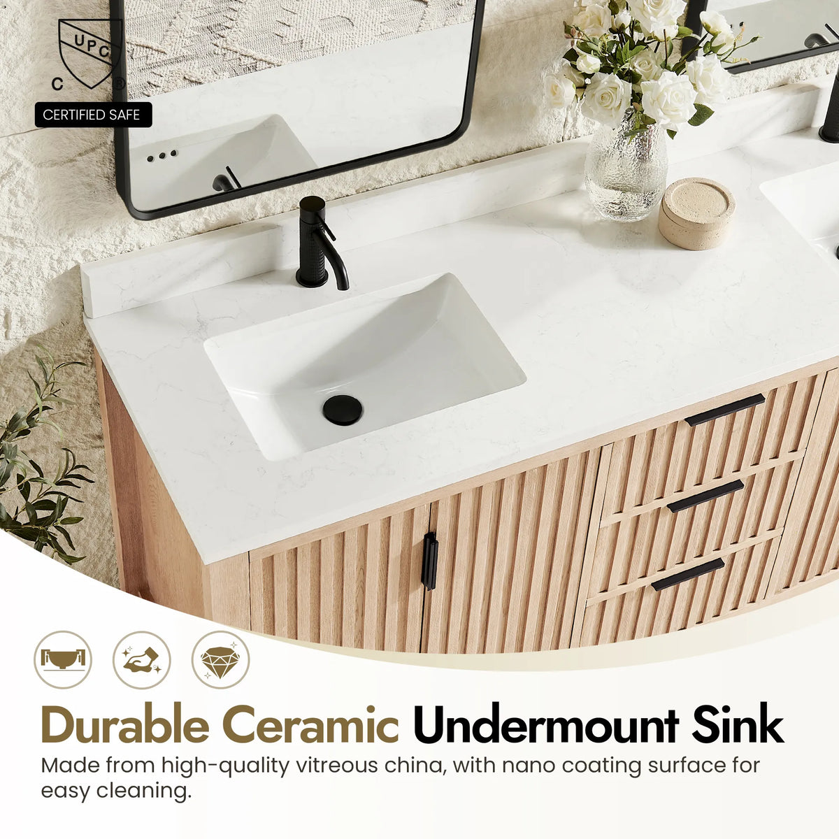 Feature panel on the undermount basin of the 72-inch Aged Natural Oak vanity and how its surface wipes clean