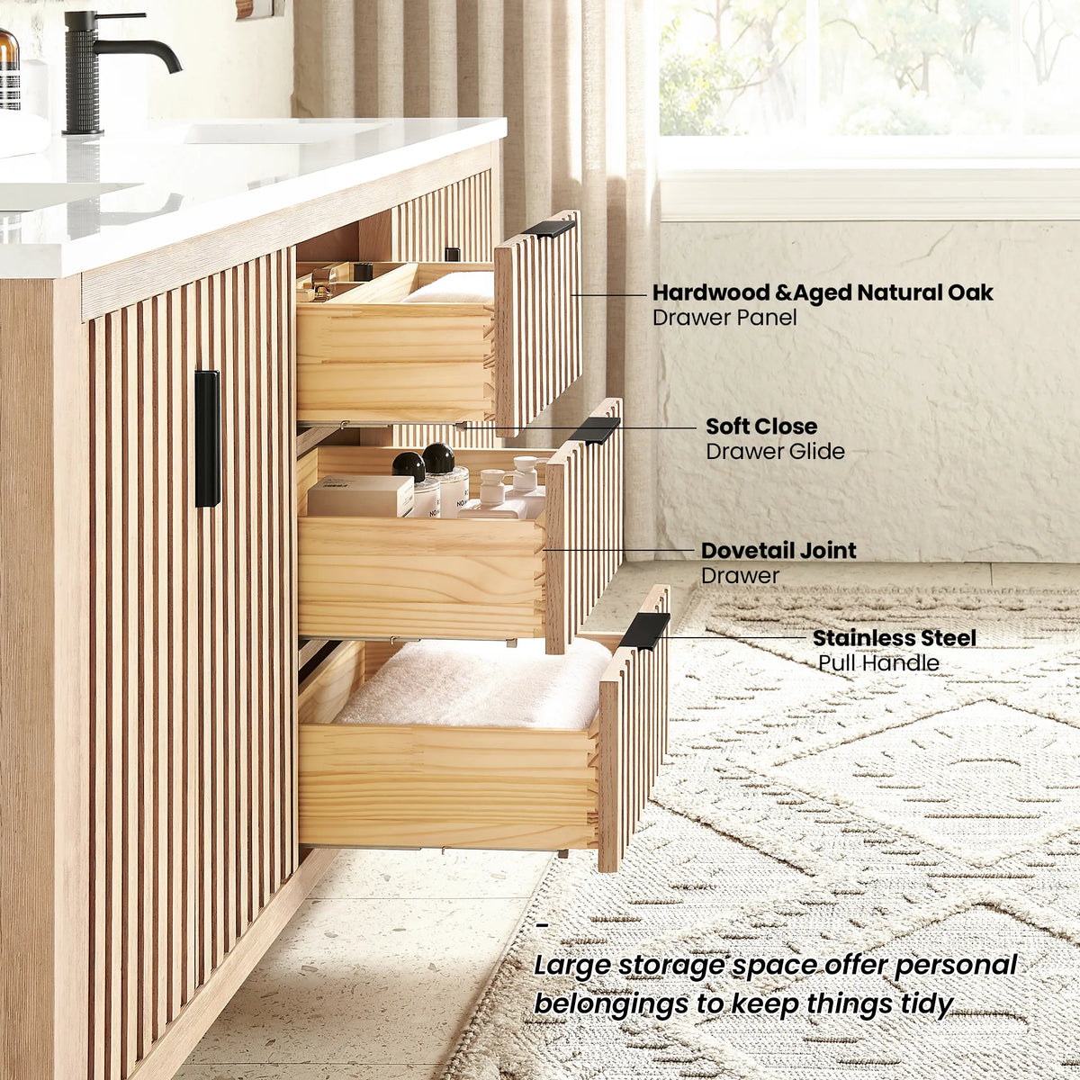 Stacked drawers pulled out on the 72-inch Aged Natural Oak vanity, hardware callouts on the right