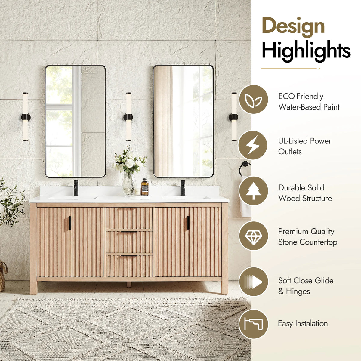 Highlights panel for the 72-inch Aged Natural Oak vanity: eco-friendly paint and a solid wood build