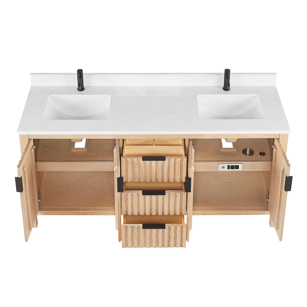 72-inch Aged Natural Oak cabinet seen from above on white with doors and drawers open
