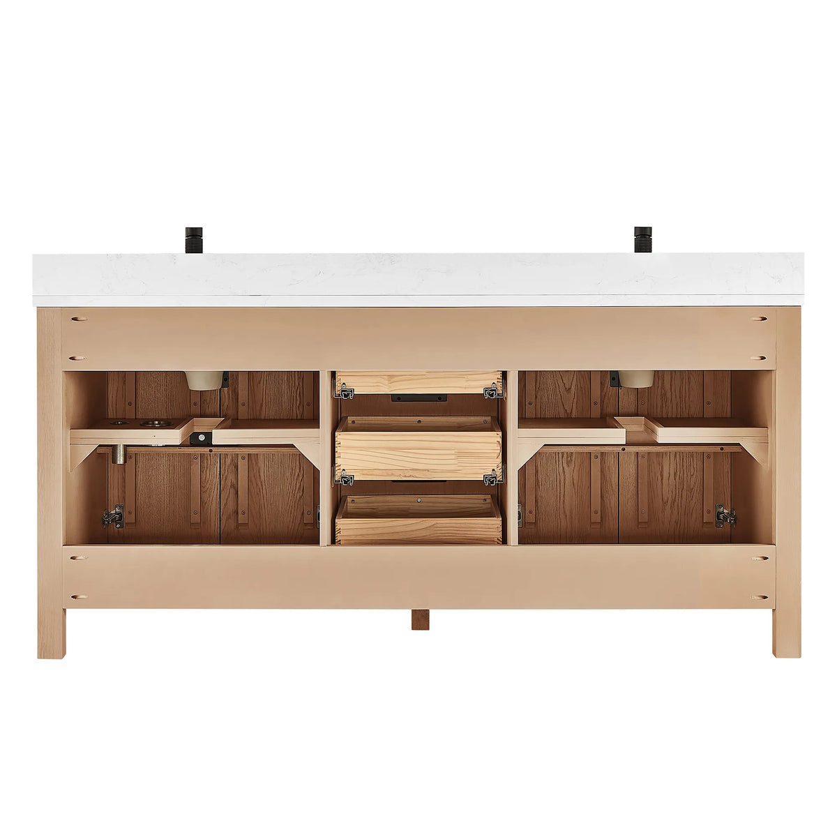 Open-front studio shot: drawer boxes and cabinet space of the 72-inch Aged Natural Oak vanity
