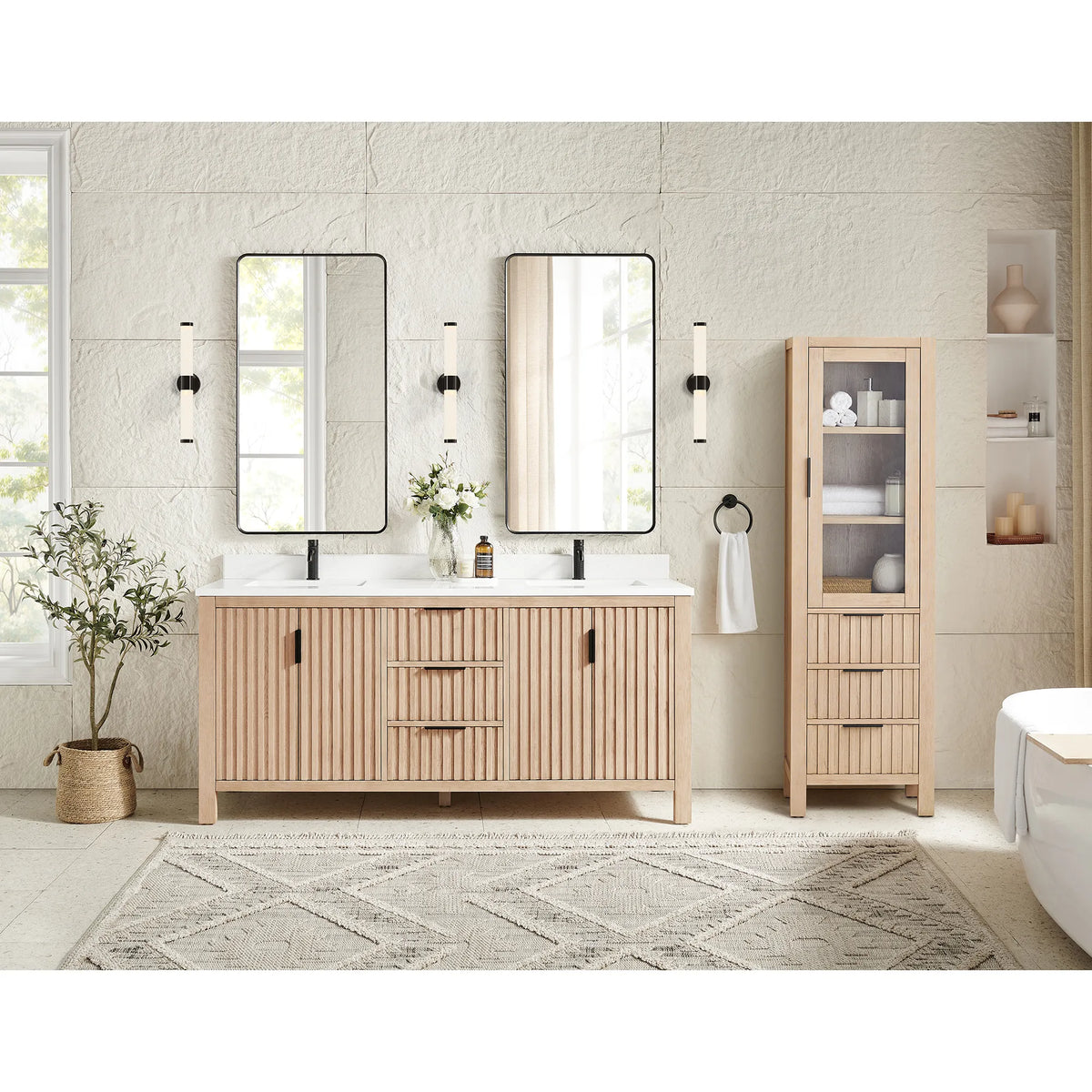 Tall cabinet with a see-through door beside the 72-inch Aged Natural Oak vanity; the cabinet is not included