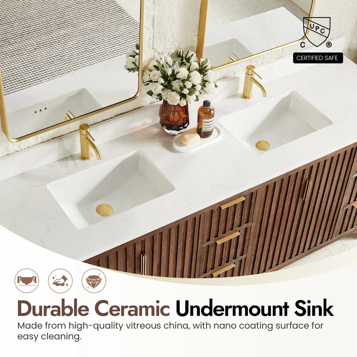 Ceramic basin with an easy-clean nano coating on the 84-inch Aged Dark Brown Oak cabinet
