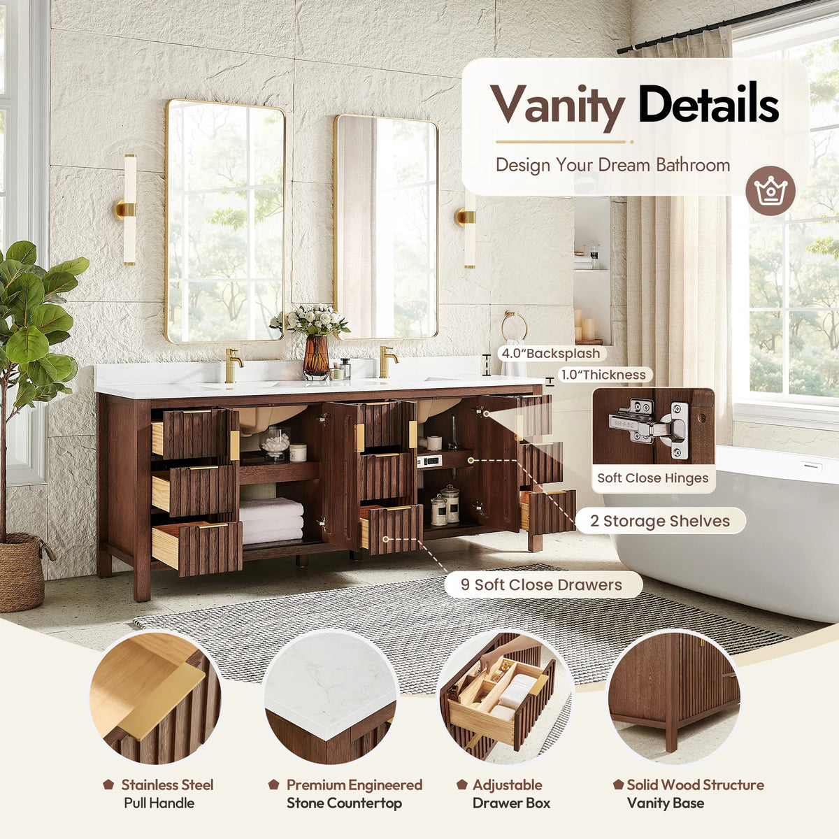 Parts diagram for the 84-inch Aged Dark Brown Oak cabinet covering the adjustable drawer box and soft-close drawers