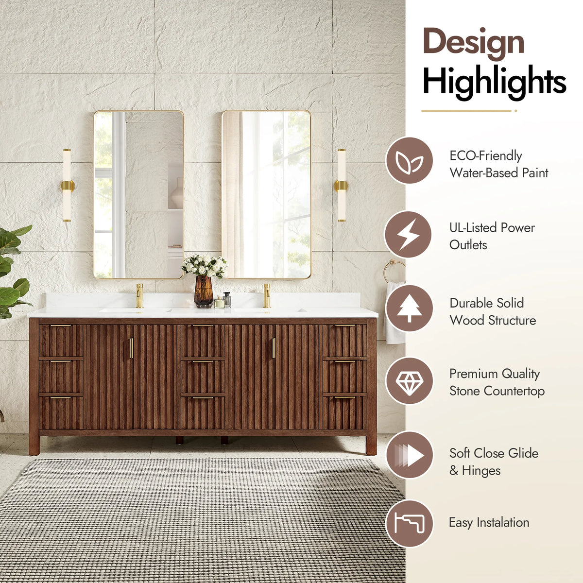 Styled bathroom with a list of design highlights next to the 84-inch Aged Dark Brown Oak cabinet