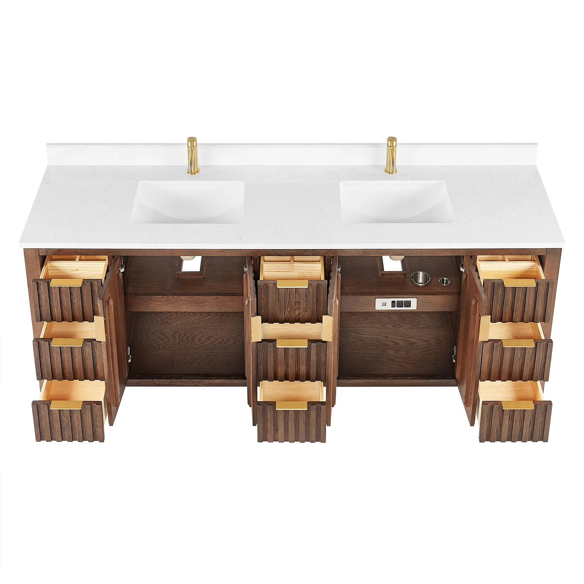 84-inch Aged Dark Brown Oak cabinet seen from above on white with doors and drawers open