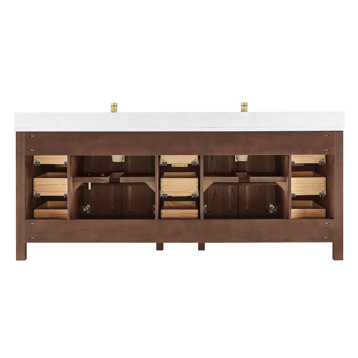 Interior of an 84-inch cabinet in Aged Dark Brown Oak against white, drawer boxes and open compartments