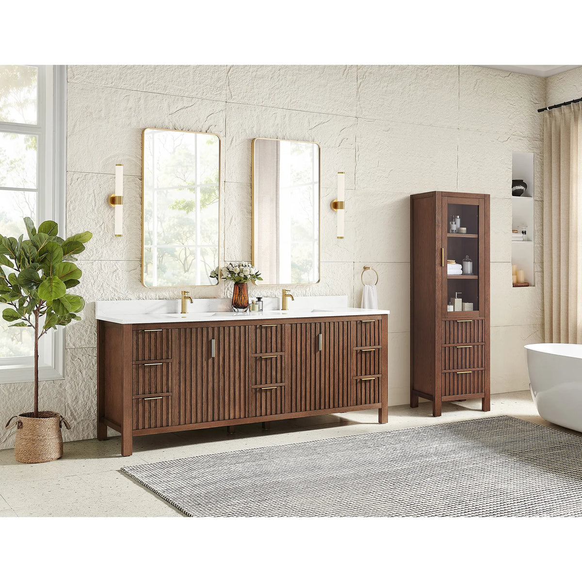 Sunlit bathroom, 84-inch vanity in Aged Dark Brown Oak, the extra tall cabinet shown is not part of the product