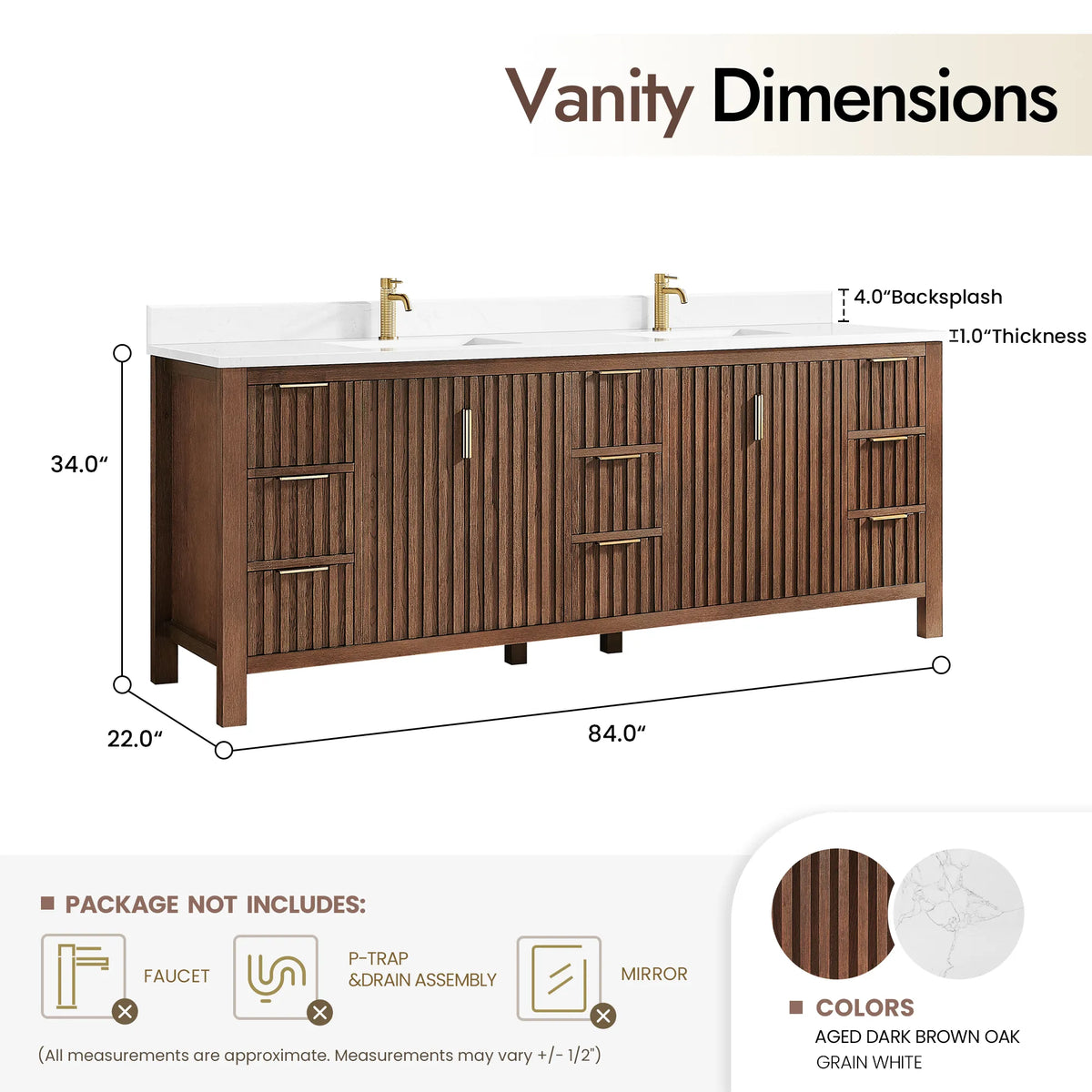 Size diagram for the 84-inch Aged Dark Brown Oak cabinet: 84 by 22 by 34 inches (plumbing parts and mirrors not included)