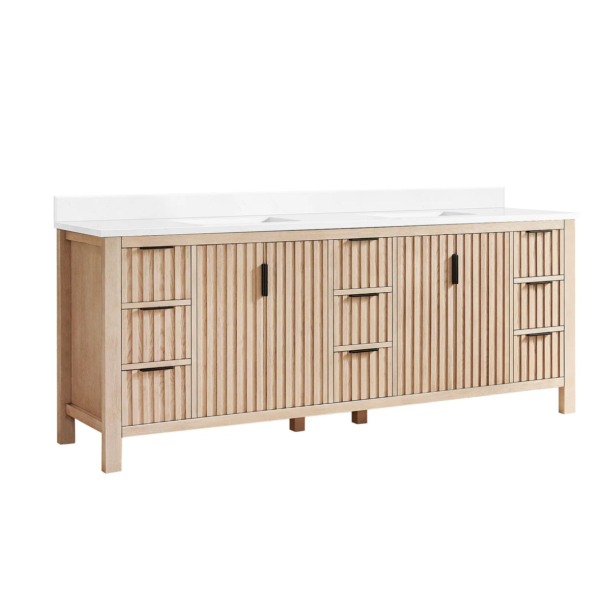 Studio view of an Aged Natural Oak double bathroom vanity, 84-inch wide, with a white composite stone countertop
