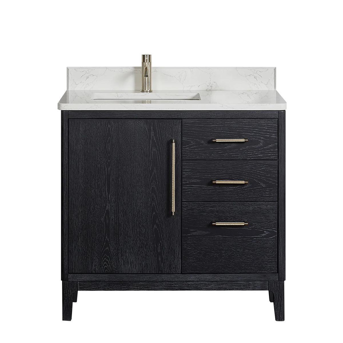 36-inch Fir Wood Black single bathroom vanity with White Grain composite stone top, studio front view