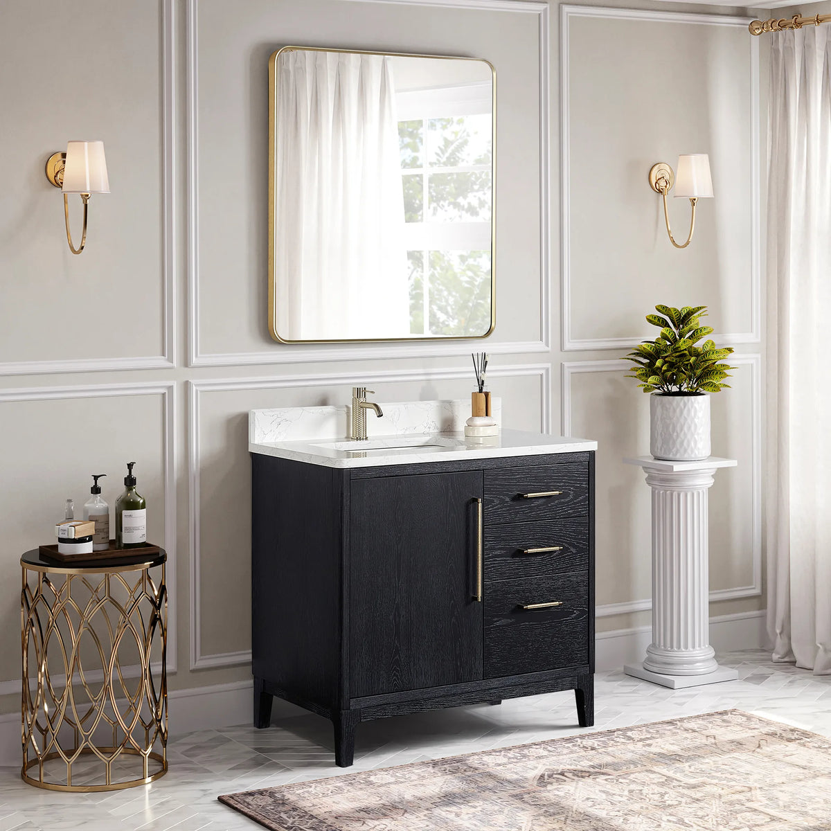 Wide shot of the Fir Wood Black cabinet and a rectangular wall mirror in a bath with paneled walls and wall sconces