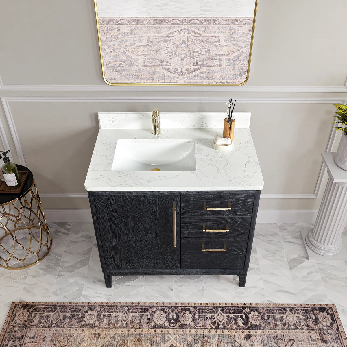 Near view of the Fir Wood Black front and White Grain composite stone top, a bath with a patterned rug