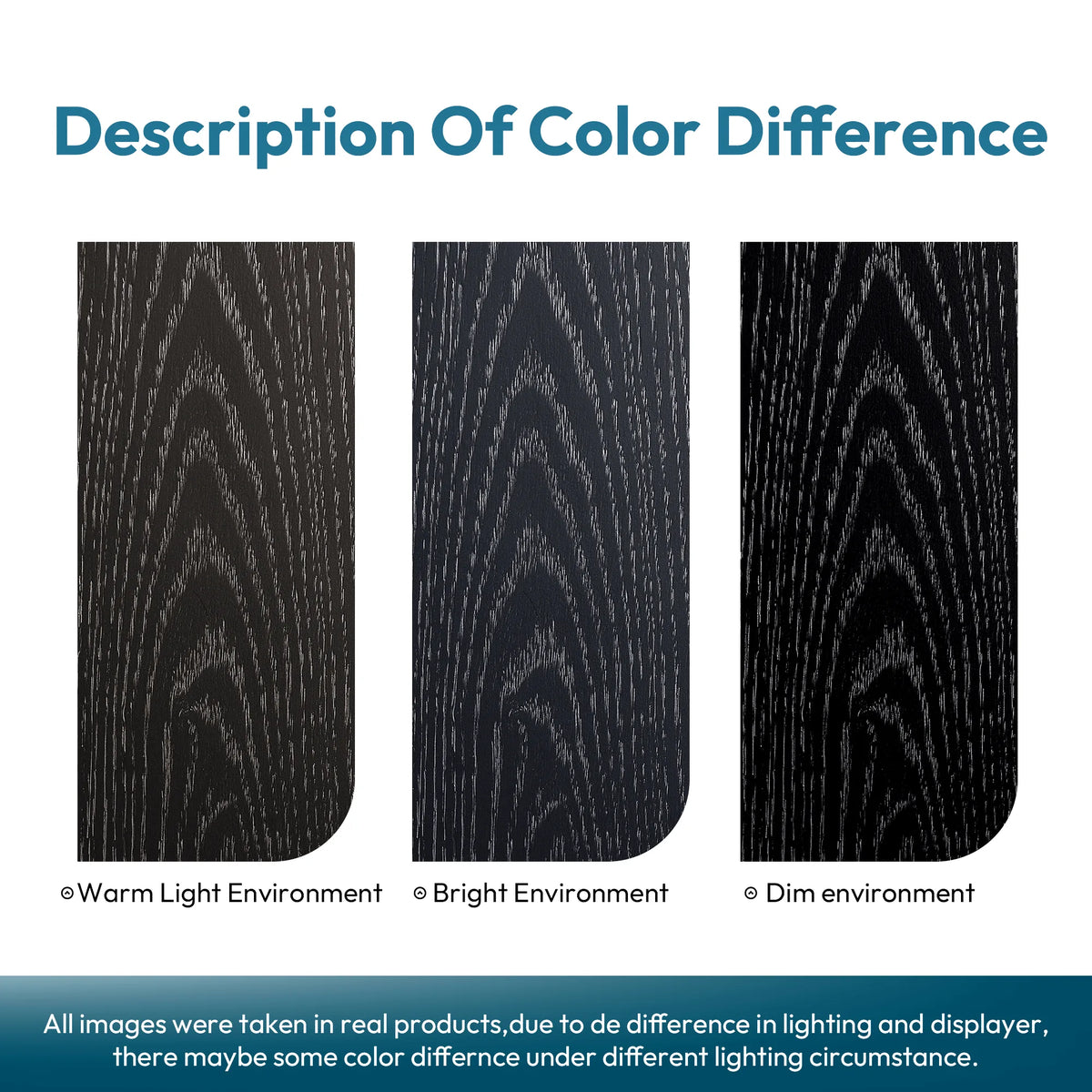 Color difference guide: the same finish in warm light, then in bright or dim light