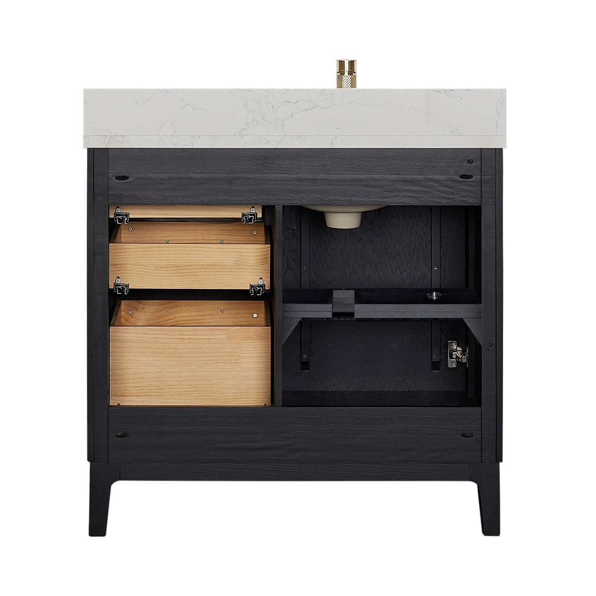 Interior of the Fir Wood Black vanity base seen from the back, white background