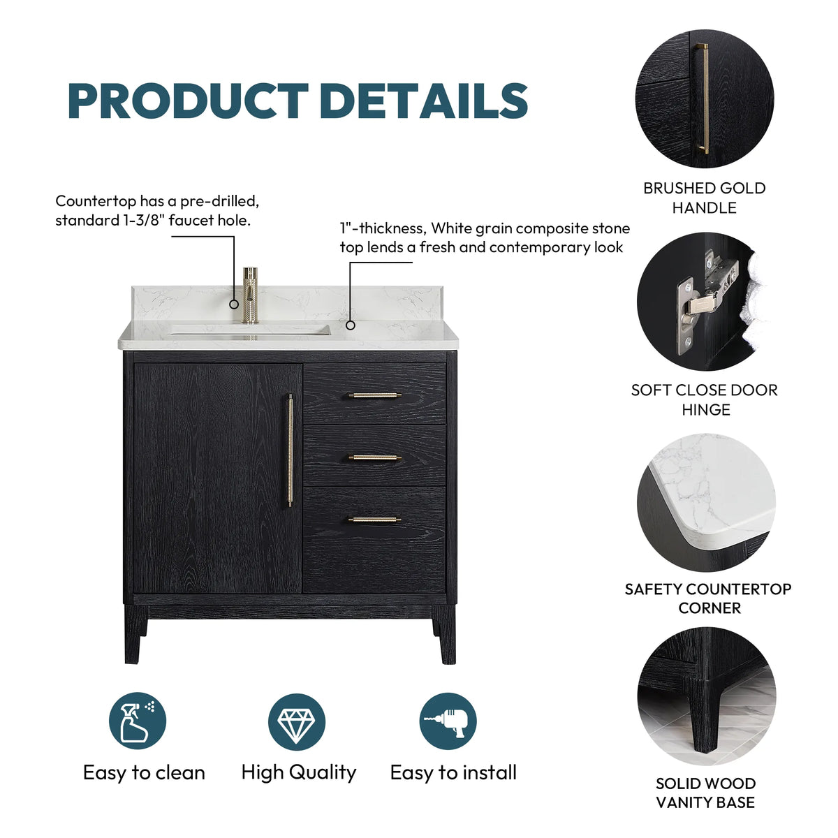 Product details graphic labeling brushed gold handle, safety countertop corner and solid wood base