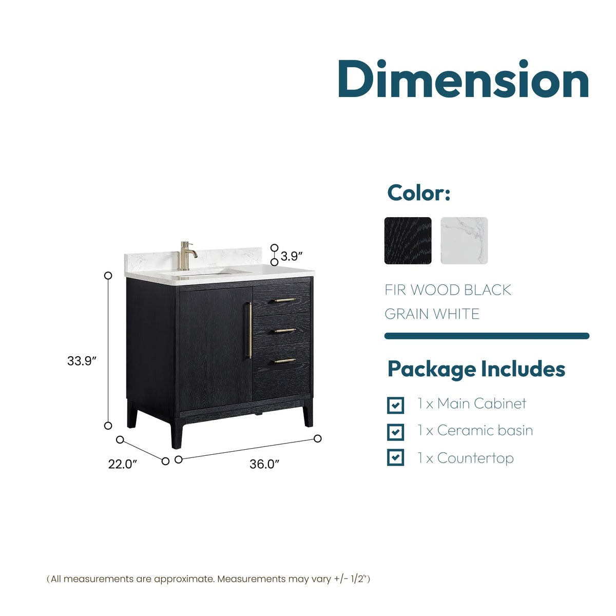 Size diagram for the 36-inch single vanity, 36 x 22 x 33.9 inches with top
